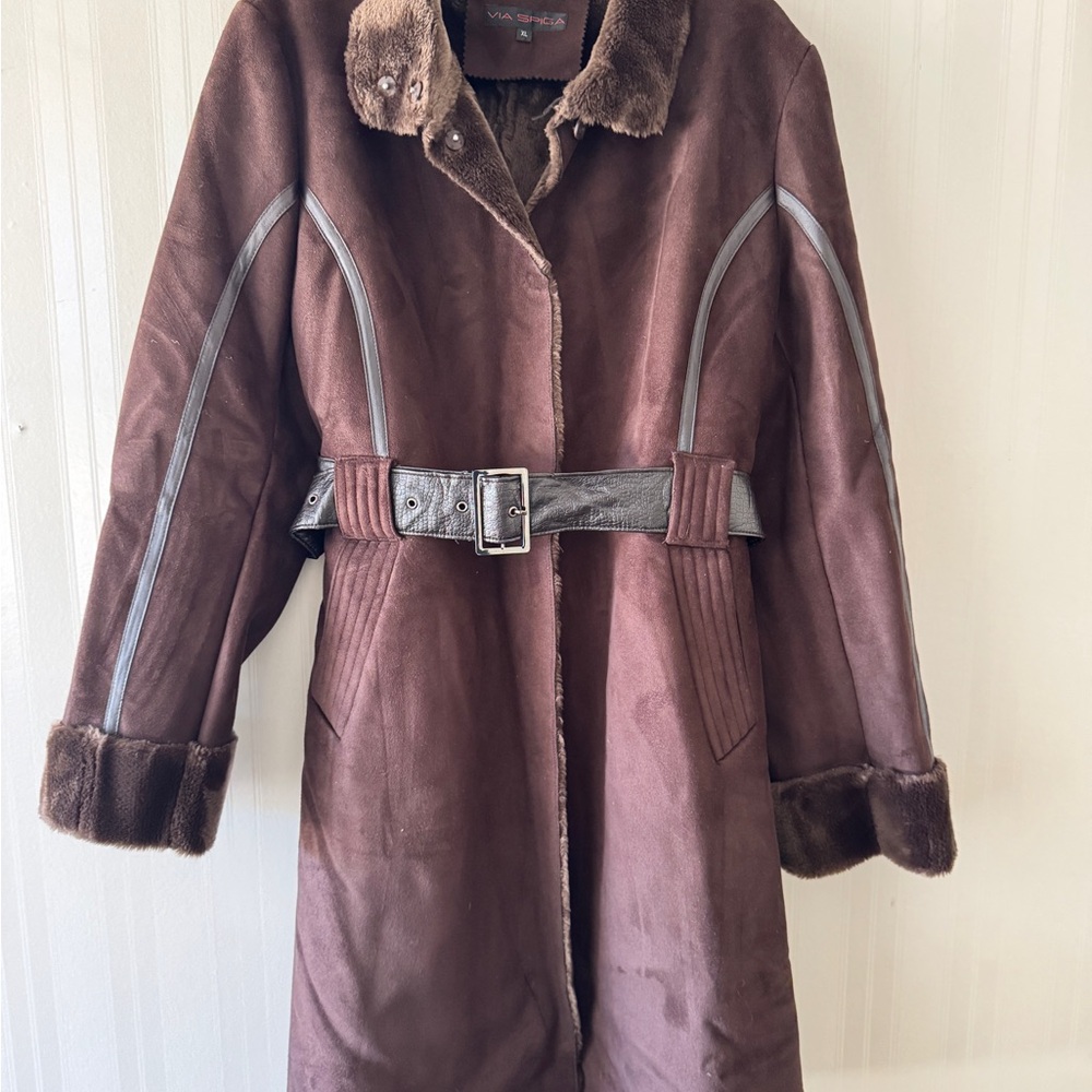 Via Spiga Brown Trench Coat with Fur Trim